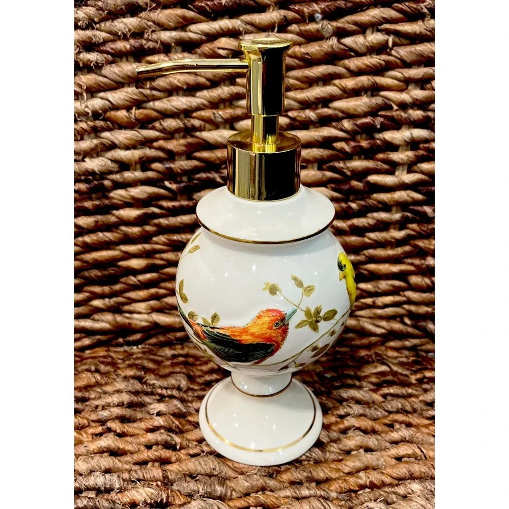 Gilded Birds 3 pc Bathroom Set Soap Dish Lotion Dispenser Toothbrush Holder NWT!